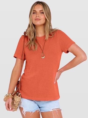 ANRABESS Women's Summer Waffle Knit Tops,Orange,L - Thumbnail 3