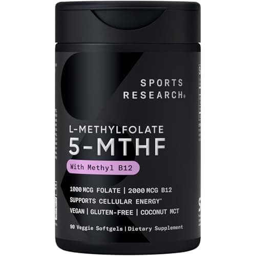 Sports Research® Methyl Folate + B12-1000 mcg L-Methylfolate & 2000 mcg Methylcobalamin for Cellular Energy Support - Vegan B12 w/Coconut MCT Oil - Non-GMO, Gluten Free - 90 Veggie Softgels - Image 1