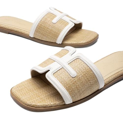 Athlefit Raffia Flat Sandals for Women Comfortable Square Open Toe Slip On Summer Beach Casual Slide Sandals Natural Size 7 - Thumbnail 6