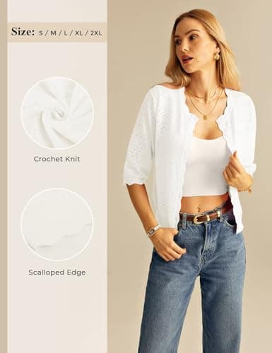 GRACE KARIN Cardigan Sweaters for Women White 3/4 Short Sleeve Lightweight Summer Cardigan Cropped Spring Fashion Clothing L - Thumbnail 6