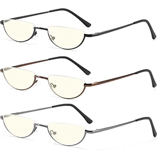 TOVEEN Half Lens Reading Glasses Blue Light Blocking, Half Moon Frame Semi Rim Spring Hinge Readers with Case for Men Women 3 Pack +1.75