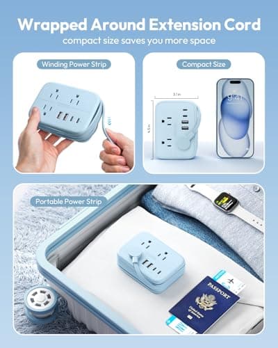 NTONPOWER Travel Power Strip, 6 Outlets 4 USB Ports(2 USB C), 4ft Extension Cord Wrapped Around Small Power Strip, Compact for Travel, Hotel, Cruise Approved, Blue - Thumbnail 2