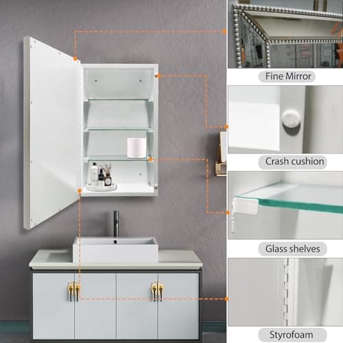 FOMAYKO Bathroom Medicine Cabinet with Silver Metro Beaded Wooden Frame, 16x26 Inch Retro Bevel Mirror, Recessed or Surface Mount Bathroom Cabinet,Space-Saving Storage Cabinet - Thumbnail 4