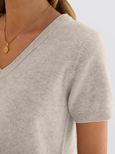 ANRABESS Women’s 100% Wool Sweater，Office Work V Neck Short Sleeve Sweaters ，Soft & Lightweight， Business Casual Tops Apricot Small - Thumbnail 5