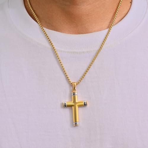 Stainless Steel Cross Necklace for Men, Silver Black gold plated Cross Pendant Jesus Necklace Chain, Non Tarnish Sturdy Mens Christian Jewelry Gifts for Him Baptism Confirmation Birthday, 24 Inch - Thumbnail 2
