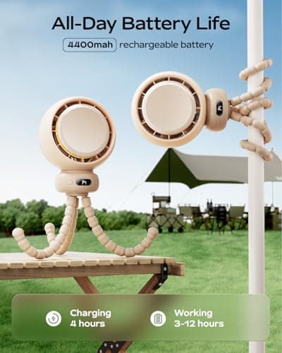Bearwind Mini Portable Stroller Fan – 60° Auto Oscillation, Quiet USB-C Rechargeable Baby Fan, 4 Speeds, Night Light & Warning Light, Flexible Tripod for Stroller, Car Seat, Crib, Camping (Brown) - Thumbnail 4