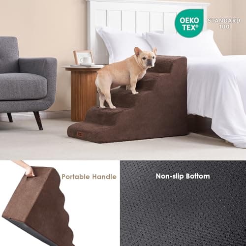 EHEYCIGA Curved Dog Stairs Ramp for High Beds, 5-Step Extra Wide Dog Steps for Small Dogs and Cats, Pet Stairs for High Bed Climbing, Non-Slip Balanced Pet Step Indoor, Brown - Thumbnail 6