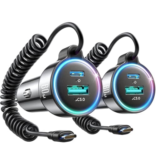 2-Pack 60W Fast Car Charger USB C, PD &QC3.0 with 5ft 30W Type C Coiled Cable, Car iPhone Charger Adapter Cigarette Lighter for iPhone 16/15 Pro Max Plus, Samsung S24/S23, Andriod/Pixel/iPad - Image 1
