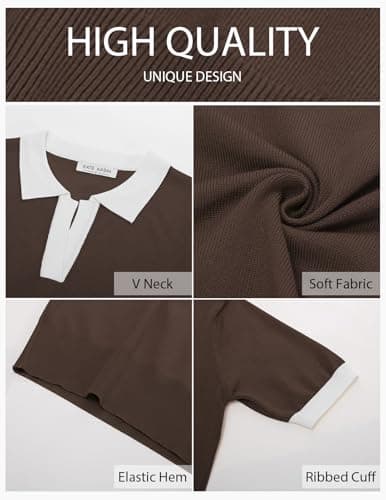 Kate Kasin Women Short Sleeve Polo Sweater Tops Lightweight Summer V Neck Color Block Knit Pullover Top Shirt Coffee XXL - Thumbnail 4