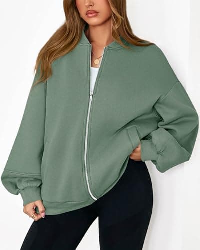 KIRUNDO Oversized Sweatshirt for Women Zip Up Bomber Jacket 2026 Fall Fashion Casual Long Sleeve Outerwear Winter Outfits(Light Green, Small) - Thumbnail 5