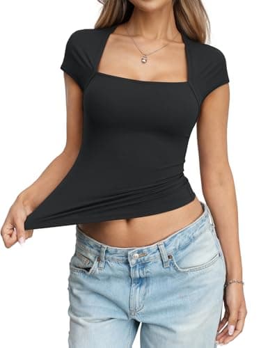 Eachyes Womens Square Neck Short Sleeve Shirts Cap Sleeve Low Cut Tops Sexy Slim Fit Basic Tee Y2k Going Out Cute Summer Crop Outfits 2026 Black Small - Thumbnail 5