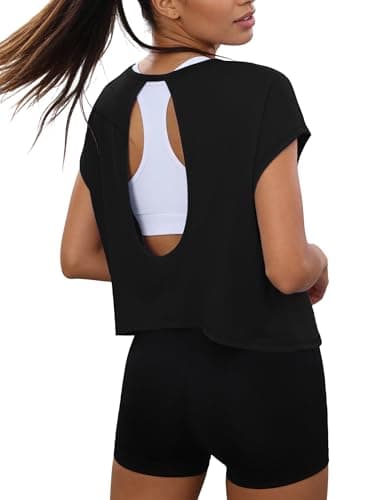 Totatuit Womens Open Back Workout Tops Oversized Crop Gym Shirts Loose Fit Short Sleeve Athletic Tee for Running Yoga Cute Cropped Tshirts for Teen Girls 2026 Trendy Summer Clothes Black Large - Image 1