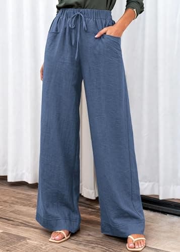 KIRUNDO Wide Leg Palazzo Pants for Women Summer High Waist Flowy Casual Trousers Lounge Pants Beach Vacation Travel Outfits (Dusty Blue, XX-Large) - Thumbnail 6