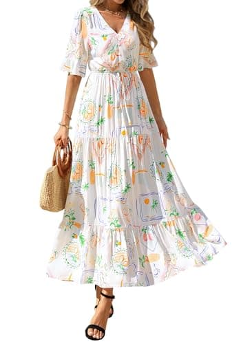 BTFBM Womens Summer Dresses 2026 Spring Casual Short Sleeve v Neck Boho Floral Flowy A-Line Tiered Maxi Dress Pockets(Floral White Multi, Medium) - Thumbnail 2