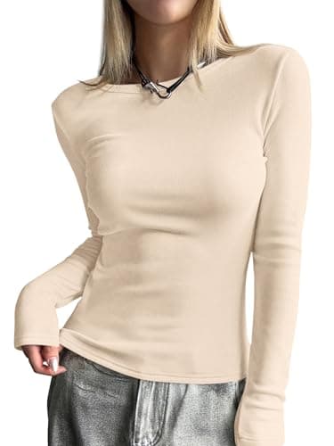 MASCOMODA Womens Basic Long Sleeve Shirts Casual Boat Neck Rib Knit Fitted T-Shirt Cute Going Out Tops Y2K Fashion Clothing(Beige,Large) - Image 1