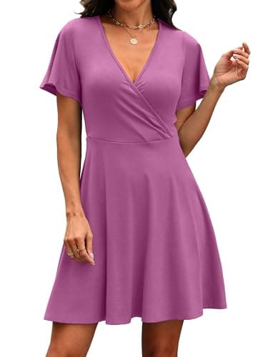 RUMIA Dresses for Women Summer Work Modest Graduation Semi Formal Dress Wrap V Neck Sun Dress Plain Purple S - Thumbnail 4