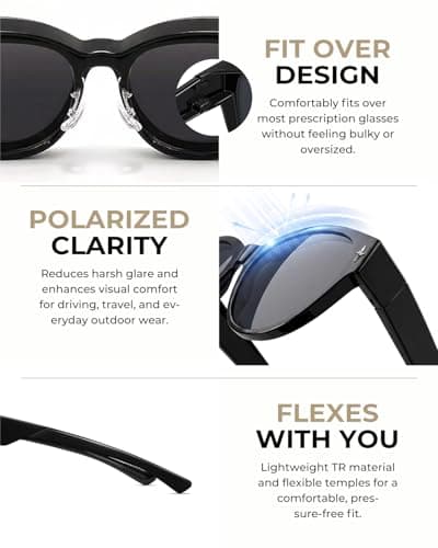 LOHO Polarized Sunglasses Over Glasses Women Men, 6.14" Wide Oversized Cat Eye Fitover Sunglasses Women, Lightweight TR90 Over Glasses Sunglasses for Women Men, UV400 TAC Lens Driving Shades - Thumbnail 5