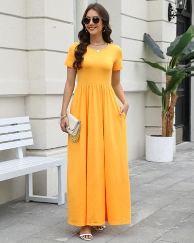 COSSEN Women’s Crewneck Short Sleeve Maxi Dress Yellow Large with Pockets – Casual Loose Swing Sundress for Wedding Guest, Beach & Vacation - Thumbnail 5