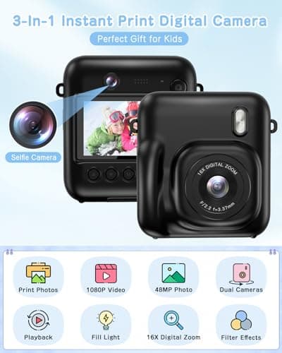 Instant Camera, Dual-Lens Kids Camera Christmas Birthday Gifts, 48MP 1080P Selfie Instant Print Cameras for Kids, Toddle Digital Camera Toy for Girls Boys Age 3 4 5 6 7 8 9 10 (Black) - Thumbnail 2