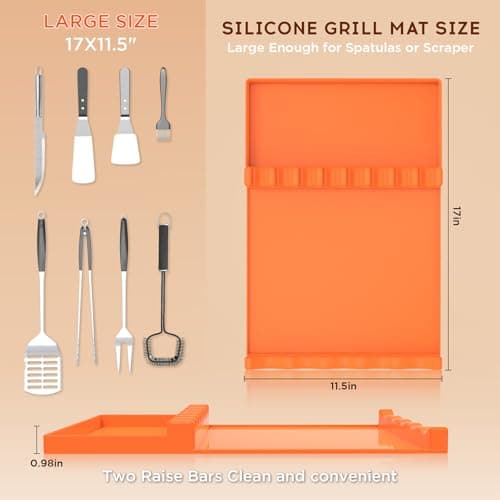 JACZZO Silicone Grill Mat for Blackstone Griddle Accessories,17x11.5 Large Silicone Spatula Mat with Drip Pad, BBQ Griddle Tools for Outdoor Grill Kitchen Counter (Orange) - Thumbnail 2