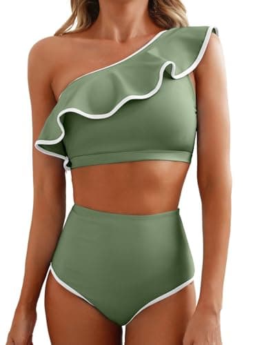 Herseas Women's Asymmetrical Bikini Sets White Trim Ruffle Bikini Top Girls Swim Suits 2026 Summer Cute High Waisted Bathing Suits Army Green Beach Vacation Outfits X-Small