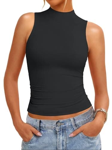 GKBK Womens Double Lined Tank Tops Mock Turtleneck Slim Fitted Layering Tops High Neck Dressy Casual Sleeveless Shirts Black - Image 1