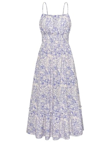 GRACE KARIN Women's Casual Maxi Dress Sleeveless A-Line Swing Long Dress Floral Printed Beach Summer Sundress Blue White Floral L - Image 1