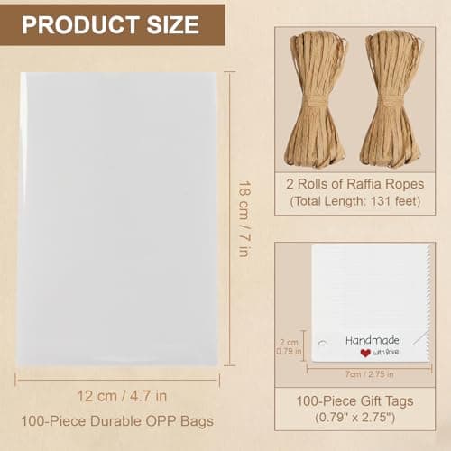 Plastic Cellophane Bags 4.7x7", 100 Pack Clear Goodie Treat Wrappers with Raffia Ties & Tags for Wrapping Homemade Soap Craft Gift Wedding Cookies Candy Snack Party Bakery Favors Christmas (White Tags) - Thumbnail 2