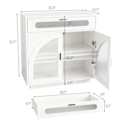 ALWXIA Sideboard Buffet Cabinet with Storage, 31.5” Farmhouse Curved Design Accent Cabinet with Acrylic Doors & Adjustable Shelves, Modern Coffee Bar (Sideboard W/Drawers_White, 1Pc) - Thumbnail 2