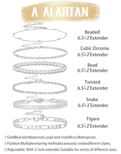 A ALARTAN Gold Bracelets for Women 14K Gold Plated Stack Trend Bracelets Charm Paperclip Chain Bracelet (6Pcs Beaded Silver) - Thumbnail 3