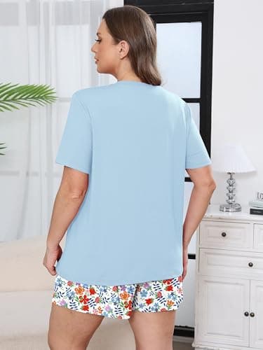 AusLook Plus Size Pajama Set for Women 2 Piece V Neck Short Sleeve Loungewear 3X Set with Pajama Printed Shorts Summer Sleepwear Loose Fit 1X-5X - Thumbnail 6