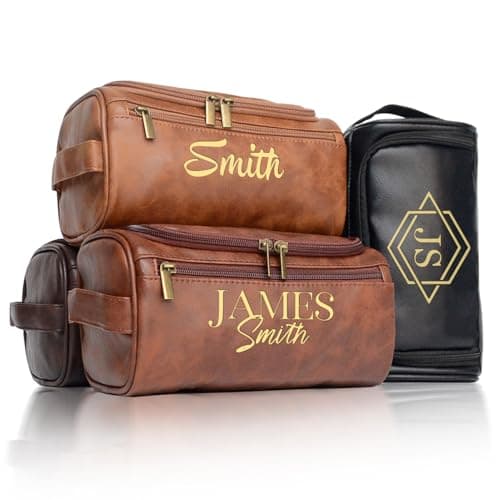 Xpanrous Personalized Toiletry Bag for Men, Engraved Name Initials Toiletry Bag, Customized Monogram Travel Shaving Dopp Kit for Groomsmen, Gift for Christmas, Birthday, Dad, Husband (Light Brown) - Image 1