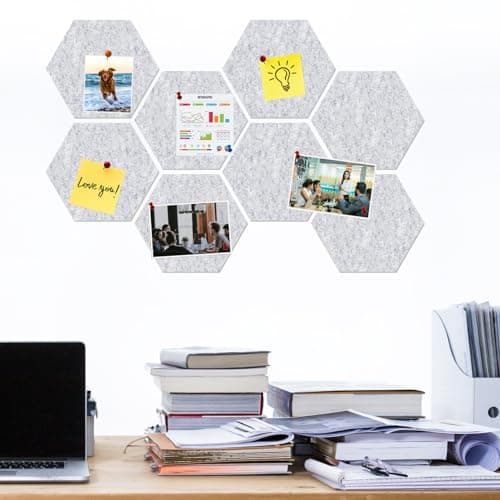 HULAVO Large Hexagon Felt Cork Board Tiles, Self Adhesive DIY Felt Bulletin Board Pin Board with 35 Pushpins for Office School Home Wall Decor Stickers Memos Photos Display(Light Grey) - Thumbnail 2