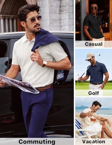 PJ PAUL JONES Mens Knit Polo Short Sleeve Collared Shirts Textured Polo Shirts Wrinkle-Free Ribbed Golf Shirts Navy Blue - Thumbnail 5