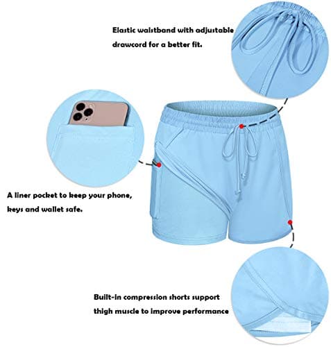 BLEVONH Yoga Shorts for Women,Double Layer Activewear Shorts Inner Tights Ladies Waist Tie Basketball Training Short Womens Plus-Sized Outdoor Performance Clothes Blue 2XL - Thumbnail 3