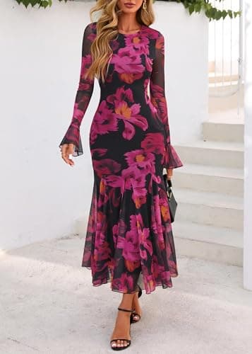 Lazysmile Women's Long Sleeve Floral Maxi Dresses Fall Formal Crewneck Bodycon Mesh Ruffle Wedding Guest Cocktail Party Dress Black Rose Red - Thumbnail 5