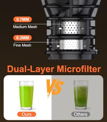 URVIBY Juicer Machines, 5.3" Large Feed Chute Cold Press Juicer with Double Press Technology, 400W Motor, High Juice Yield, Easy to Clean, Masticating Juicer for Whole Vegetables & Fruits, Black - Thumbnail 4