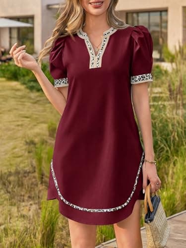 Wenrine Womens Puff Short Sleeve Mini Dress Casual V Neck Color Block Leopard Loose Beach Summer Dresses with Pockets - Thumbnail 2
