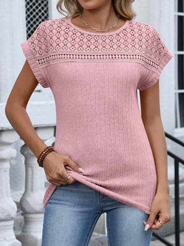 ANRABESS Wemens Tops Summer Sweaters Shirts Short Sleeve Lace T-Shirts Dressy Casual Business Tee Blouses 2026 Trendy Clothes Pale Pink Mediun - Thumbnail 4