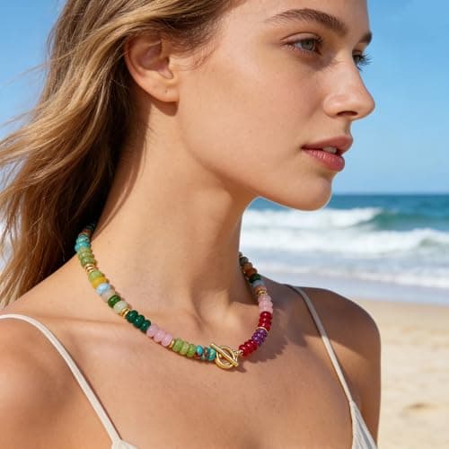SHANTYSON Colorful Beaded Necklace for Women Rainbow Gemstone Bead Chokers Toggle Boho Natural Stone Trendy Surfer Necklaces Summer Beach Jewelry - Thumbnail 2