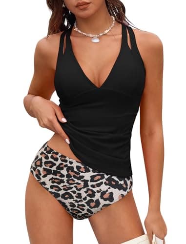 ZAFUL Women's Ruched Tankini Swimsuits V Neck Tie Back Two Pieces Bathing Suit Tummy Control Swimwear with Mid Rise Bottom, Black Leopard Print, Large - Image 1