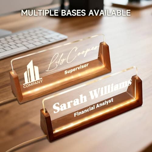 Custom Desk Name Plate Personalized with Wood LED Light Base, Office Acrylic Nameplate for Men Dad Father, Personalized Office Desk Accessories Decor, Boss Executive Name Sign. - Thumbnail 2