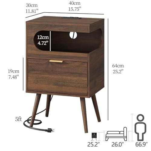 Veegle Nightstand with Charge Station,Modern Bedside Table with Storage Drawer and Open Wood Shelf, Accent Night Stand with Solid Wood Legs for Bedroom and Small Spaces (Walnut Brown) - Thumbnail 2