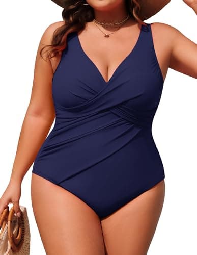 Hanna Nikole High-Elastic Mesh Fabric at the Waist Tummy Control Swimsuits for Women,V-Neck Bathing Suit Navy Blue 22W - Image 1