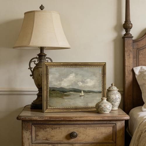 Gold Framed Wall Art, Vintage Coastal Sailboat Canvas Prints - Antique Ocean Beach Landscape Pictures, Rustic Nautical Farmhouse Seascape Decor Gallery Artwork for Living Room, Bedroom 12x16 inch - Thumbnail 3