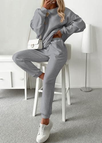 KIRUNDO Sweatsuits Women 2 Piece Outfit Matching Workout Lounge Sets Spring Fall Clothing Tracksuit Airport Travel Outfits(Grey,Small) - Thumbnail 2