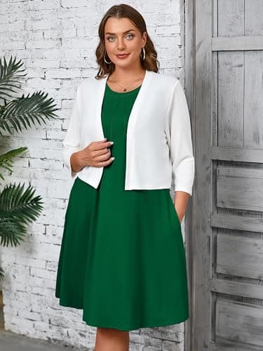 AusLook Plus Size Midi Dress for Women Sleeveless Casual Summer Green 1X Tank Dress with Pockets Round Neck A-Line Swing Flowy Solid Color Travel Vacation Sundress - Thumbnail 5