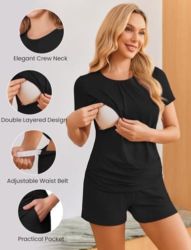 Ekouaer Nursing Pajamas Maternity Lounge Set Postpartum Outfits Breastfeeding Shirts Pregnancy Shorts & Pants Black L - Thumbnail 3
