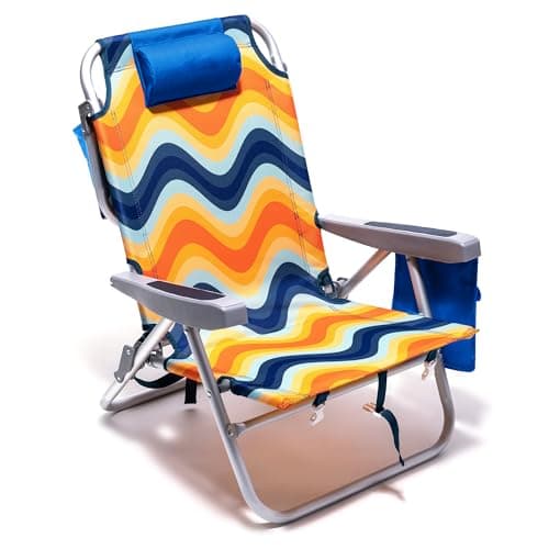 SUNNYFEEL Low Beach Chair, 5-Position Lay Flat Reclining, Backpack Portable Folding Chair with Cooler Bag & Cup Holder, Heavy Duty 350 LBS, Compact for Beach, Camping, Travel - Image 1