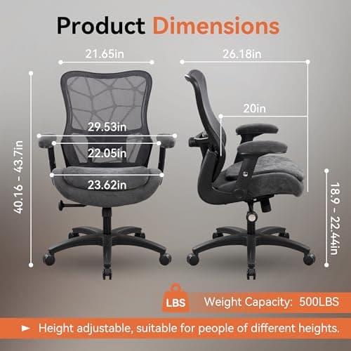 WITTLONG Big and Tall Office Chair 500lbs Heavy Duty Ergonomic Mesh Desk Chair with 23.6" Extra Wide Seat, 29.5" High Back, Adjustable Lumbar Support & Flip-Up Arms for Large Body Types (Dark Gray) - Thumbnail 3